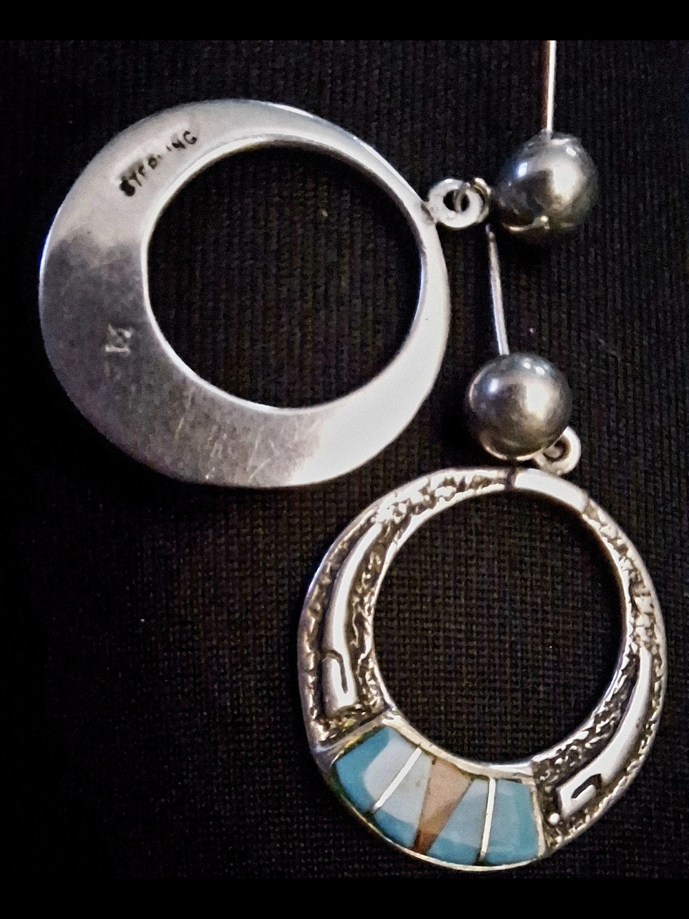 Vintage Zuni Sterling Silver Multi Stone Channel Inlay Hoop Dangle Earrings